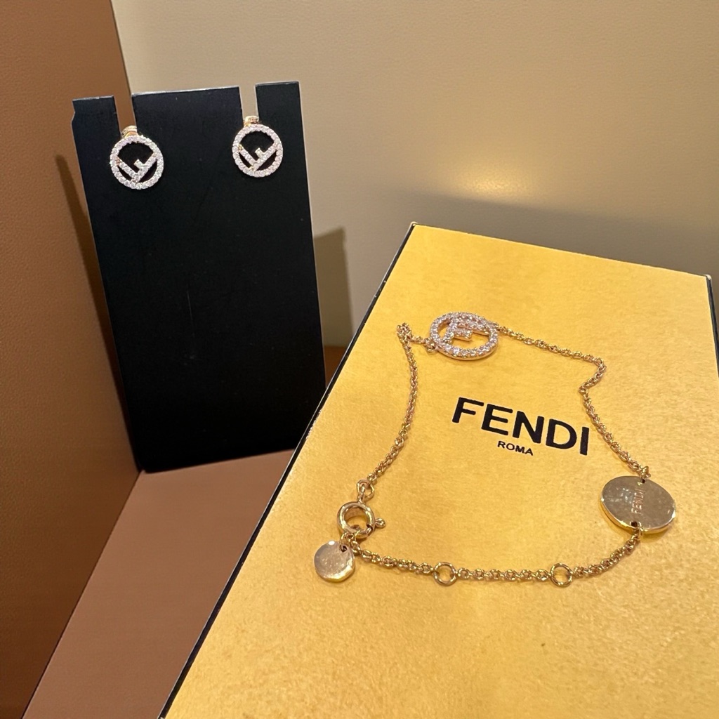 F Is For Fendi Gold And Rhinestone Earrings And Bracelet